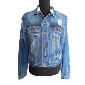 NWT Almost Famous Distressed Denim Jean Jacket, Women's Size Large, Destroyed